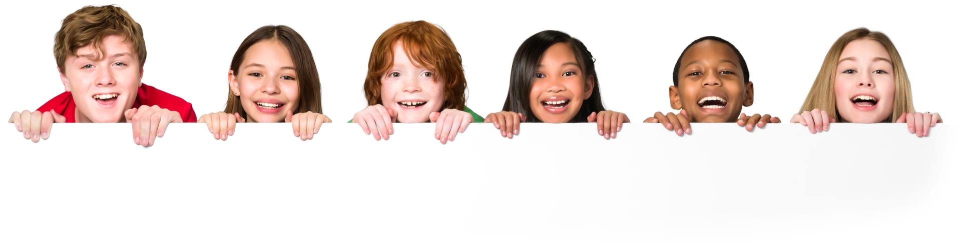 Group of young children peeking over invisible wall - Isolated